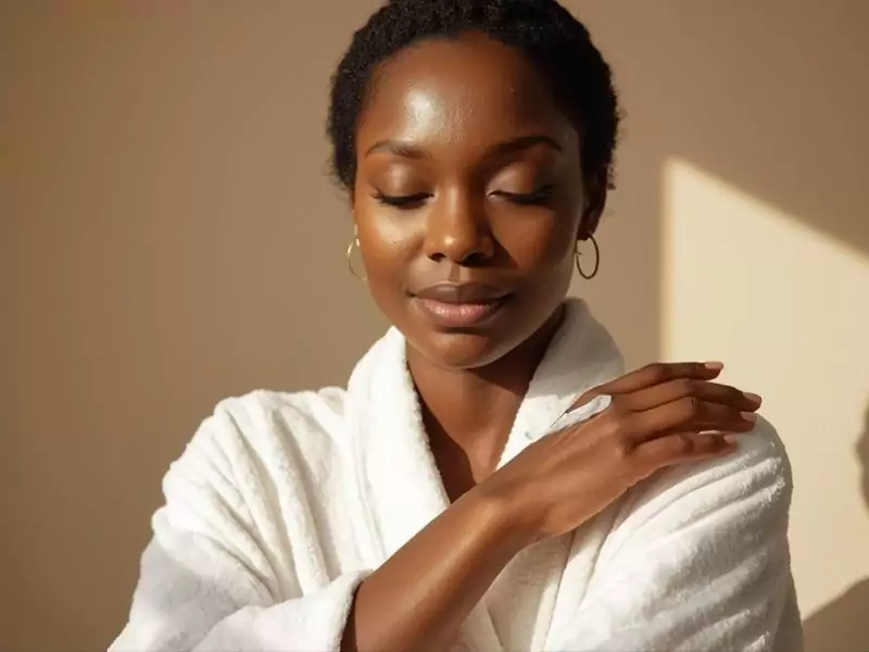 Beauté Glow ✨ : routines, soins et maquillage lumineux 3 Femmeapres application d'une crème hydratante sur son bras et porte un peignoir, Beauté corps glow