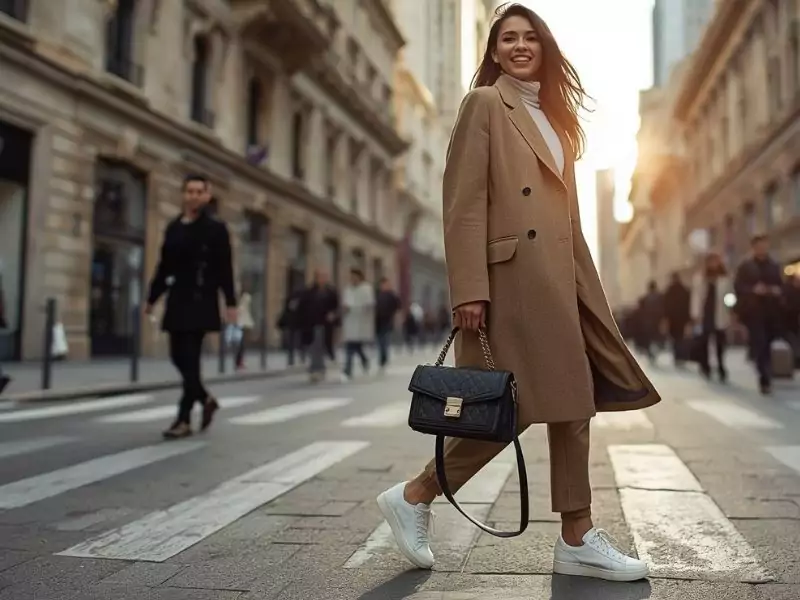 Mode et Style Glow✨ : chaque détail compte pour votre Glow 2 Femme qui traverse la rue avec un look stylé, catégorie Look et vêtements Glow de Mode et style Glow