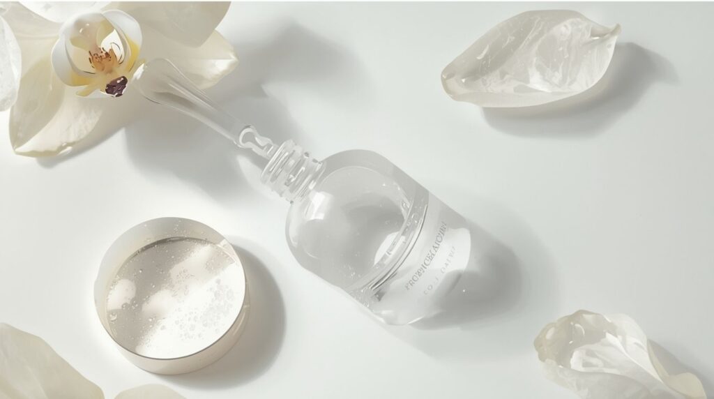 Glossaire du Glow 9 photo gouttes syr une table, flacon, glossaire du glowe