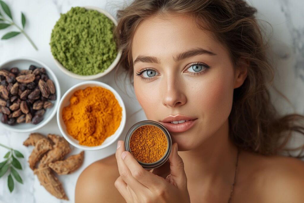50 aliments pour le Glow : les secrets d’un Glow éclatant de la tête aux pieds, de l’intérieur 5 femme qui présente des coupelles de super aliments qui font du bien au glog