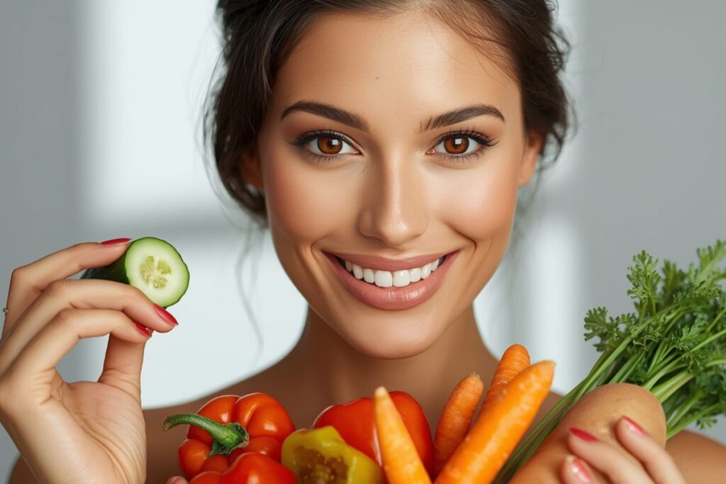 50 aliments pour le Glow : les secrets d’un Glow éclatant de la tête aux pieds, de l’intérieur 2 femme qui sourit en presentant des aliments pour le glow
