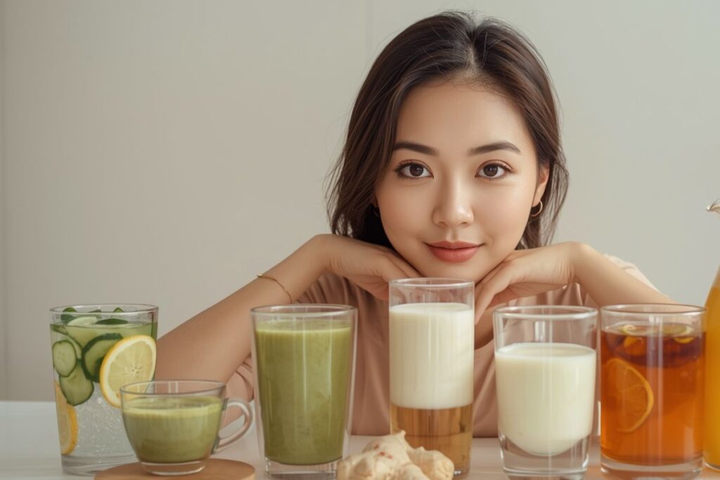 50 aliments pour le Glow : les secrets d’un Glow éclatant de la tête aux pieds, de l’intérieur 4 femme qui est devant des boissons pour le glow