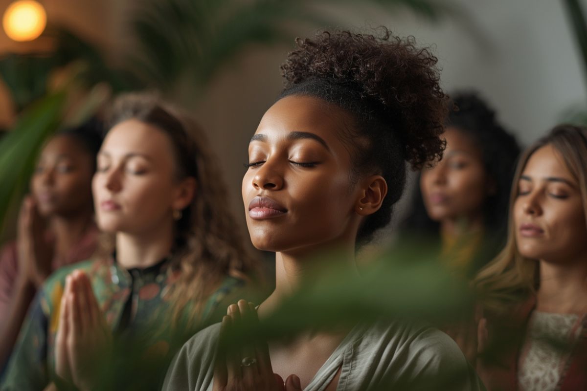 groupe de femmes qui pratiquent un jeu de respiration en ligne pour travailler leur Glow