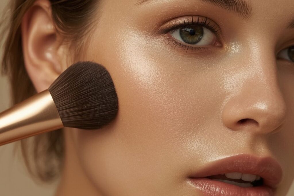 Fond de teint qui craquelle : les vraies raisons et les solutions Glow 1 femme qui met du fond de teint, article fond de teint qui craquelle