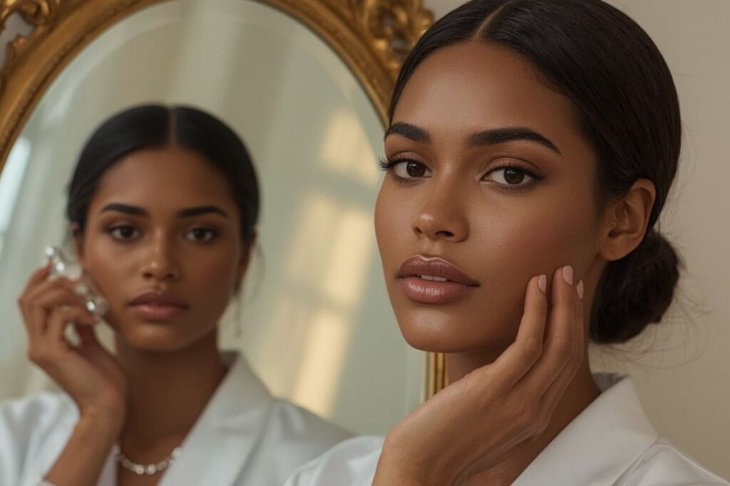 Le Glow mental : comment les pensées influencent l'éclat de la peau 3 femme qui se regarde dans un miroir, Rituel beauté glow, glow mental