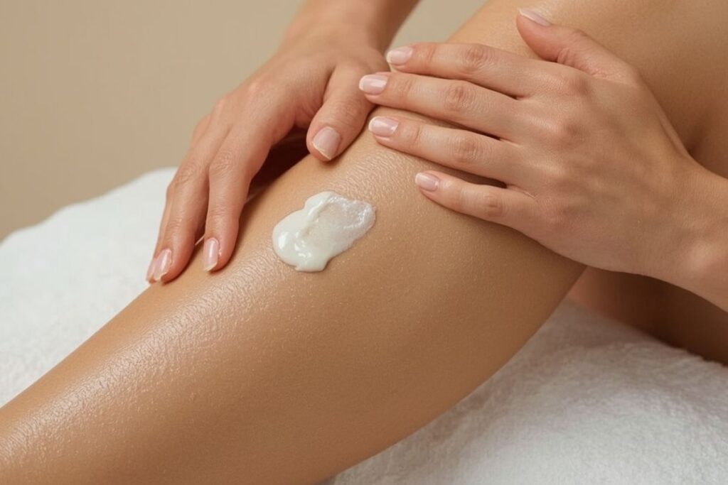 Hydrater le corps pour le Glow : le rituel invisible de l’éclat 3 Femme qui applique une crème hydratante sur ses jambes, pour hydrater le corps
