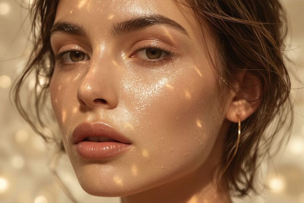 Glass Skin : La Tendance Coréenne Qui Réinvente l’Éclat Naturel 4 Femme avec des produits cosmetiques sur le visage