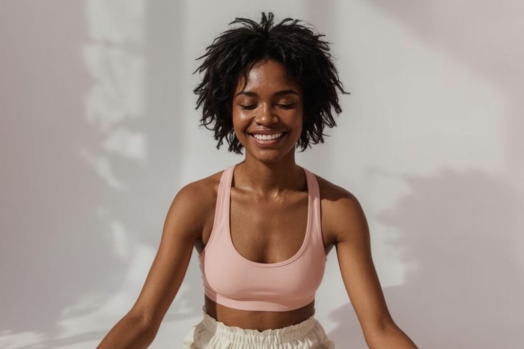 Le Glow mental : comment les pensées influencent l'éclat de la peau 1 Femme qui prend soin de son glow mental e, faisant une posture de yoga