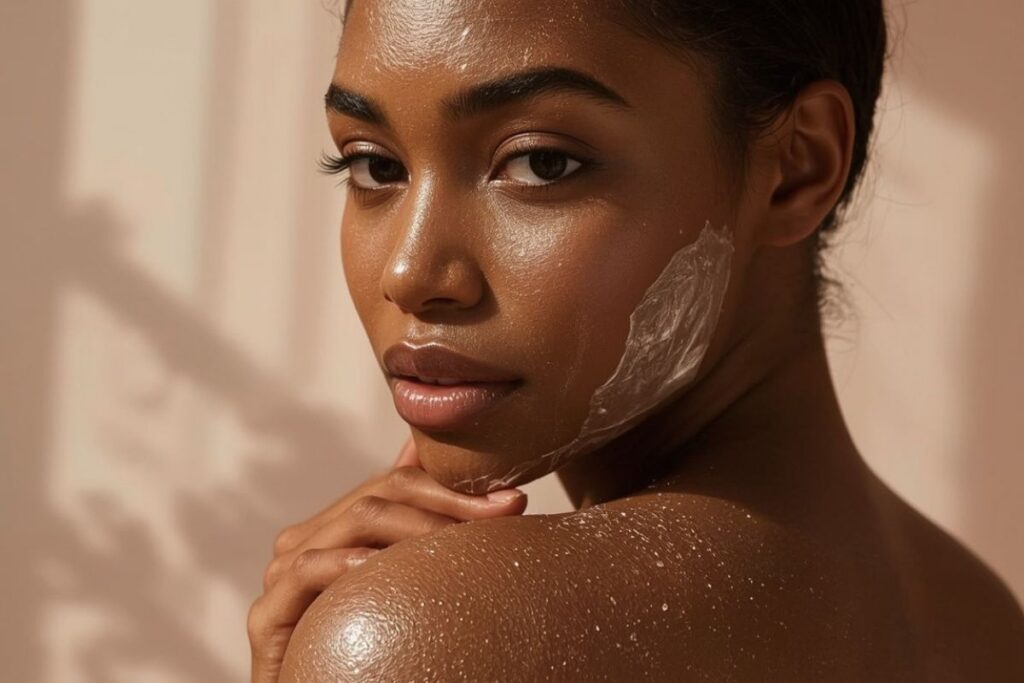 Exfolier le corps : le geste essentiel pour révéler le Glow naturel de la peau 1 femme qui applique un soin pour exfolier le corps