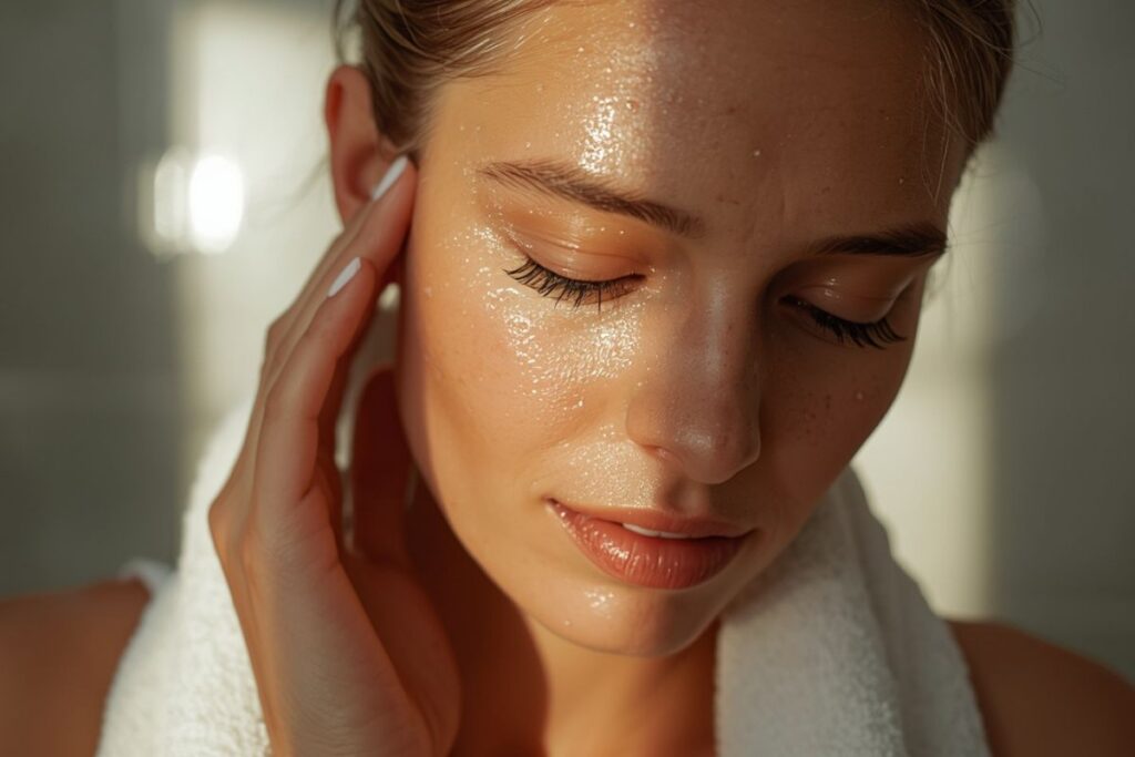 Femme qui prend soin de sa peau et fait une routine glow