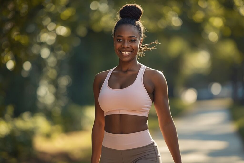 Sport et Glow : Bouger pour Rayonner de l’Intérieur 4 Femme noire qui marche pour activer le glow de la peau et l'éclat de la peau