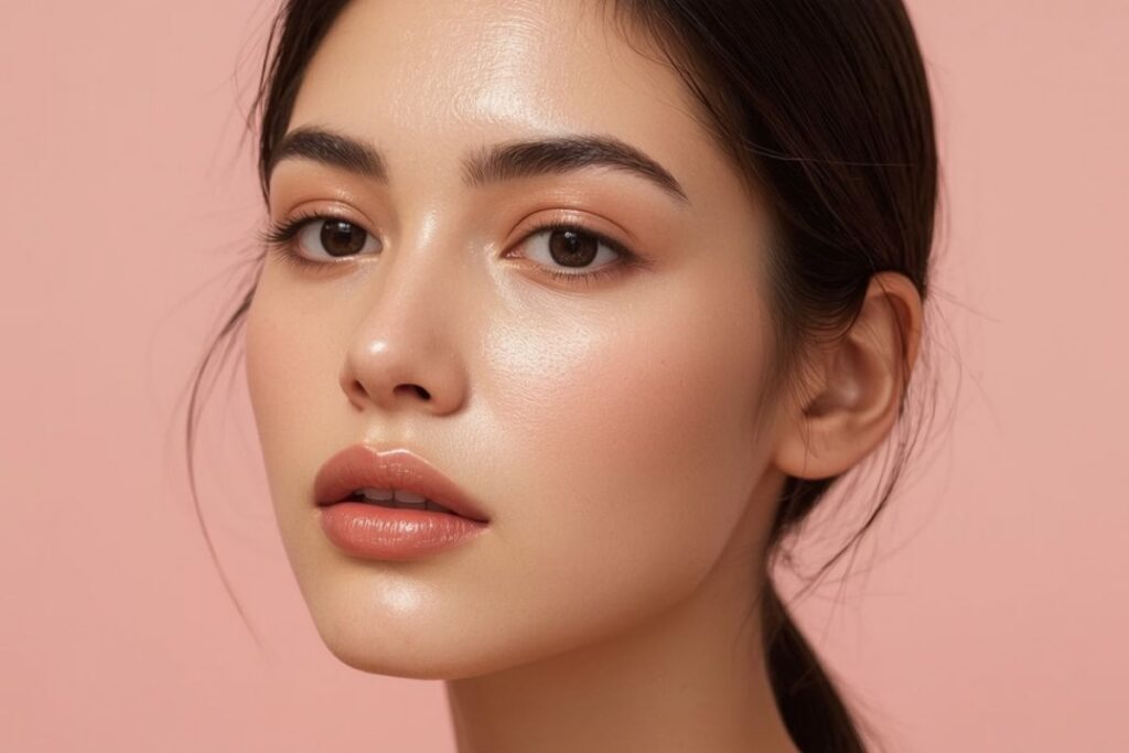 Glass Skin : La Tendance Coréenne Qui Réinvente l’Éclat Naturel 1 femme qui révèle l'effet du Glass skin tendance coreenne