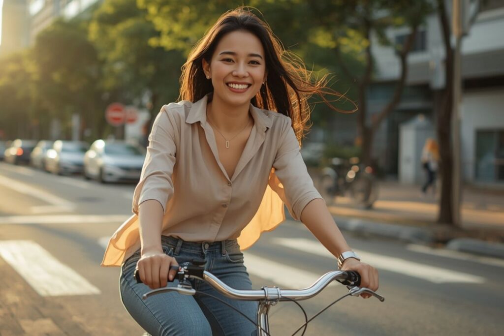 Sport et Glow : Bouger pour Rayonner de l’Intérieur 2 femme qui fait du velo au quootidien pour le glow, lifestyle sport et glow