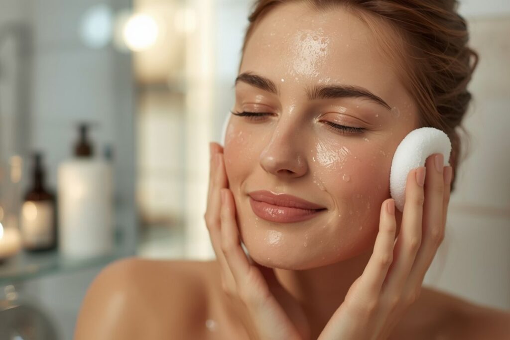 Sport et Glow : Bouger pour Rayonner de l’Intérieur 3 femme qui fait des soins sur son visage pour le glow et l'éclat