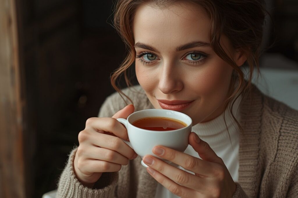 Glow automne : les meilleures astuces pour garder son éclat lumineux tout l’automne 6 femme qui boit un bon thé chaud