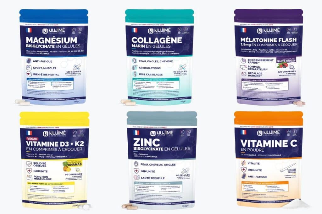 complément alimentaire nujime amoseed, sélection de 4 compléments alimentaires : collage nujime, magnesium nujime, vitamine D3 +K2 et melatonine flash nujime, vitamine c nujime, zinc nujime