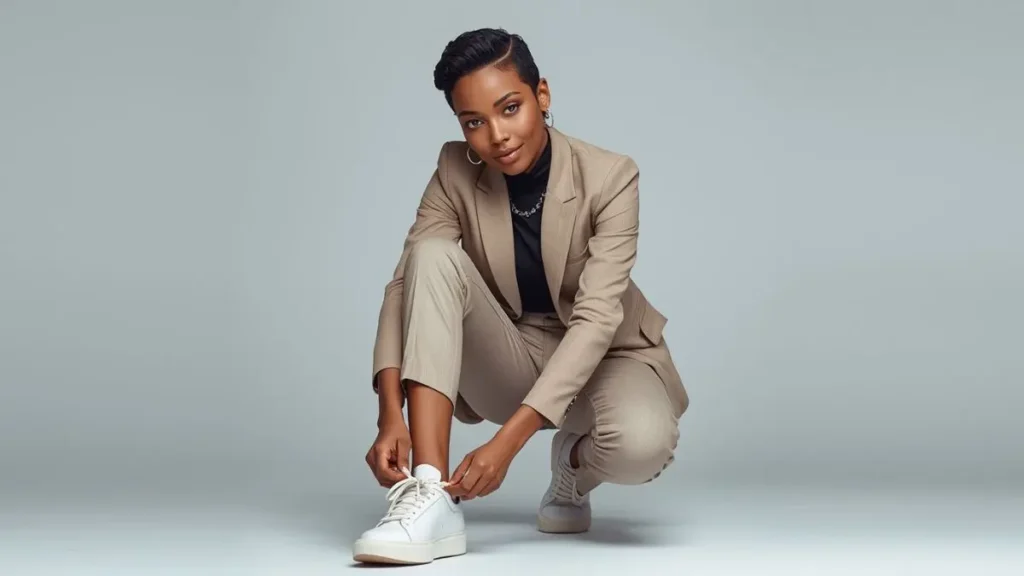 femme qui lace ses chaussures, article "Look Glow : le secret des vêtements qui activent votre Glow naturel ✨"